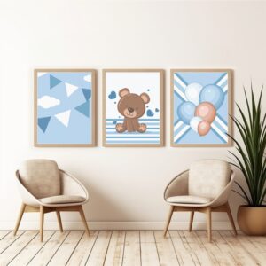 Wall art prints with bear design on blue background