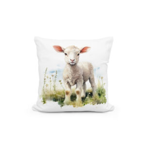 Scatter cushions with baby sheep in field