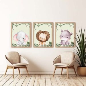 A set of 3 beautiful designs featuring baby animals. Downloadable Safari-themed wall art for the nursery.